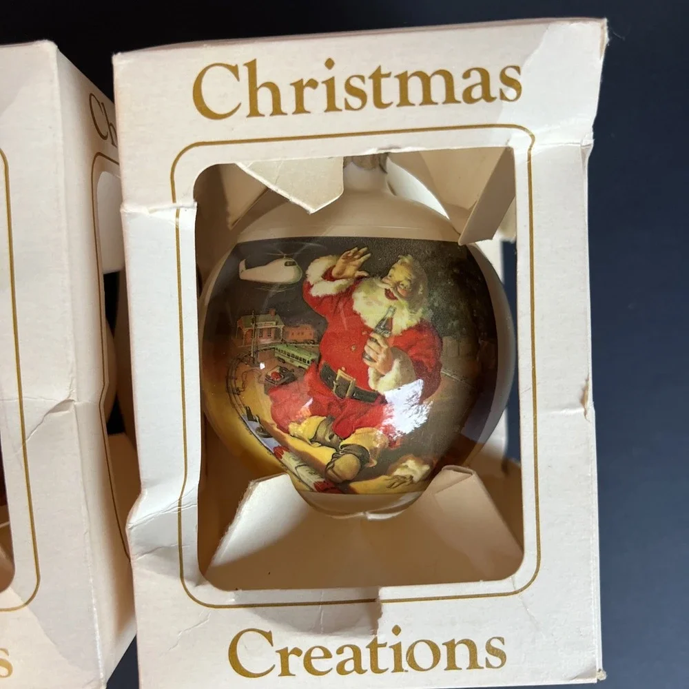 Vintage Santa Claus Glass Ornaments Set of 4 Double Sided Coca Cola Style W/Box